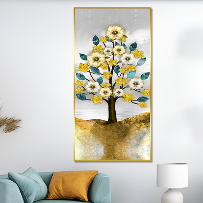 Beautiful Golden Flowers and Turquoise Mountains Floating Frame Canvas Wall Painting.