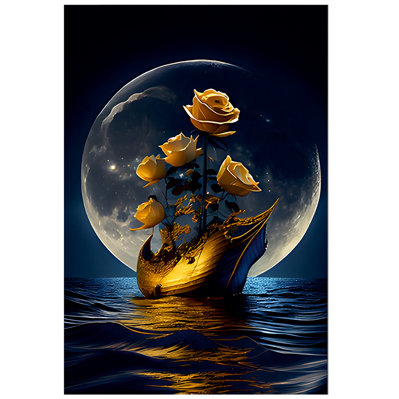 Full moon with sea, Golden boat and flowers  Canvas Floating Frame Wall Painting