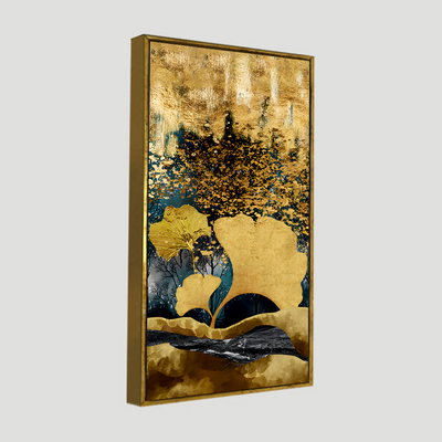 Modern Golden Ginkgo Leaves with Mountains Premium Canvas Floating Frame Wall Painting