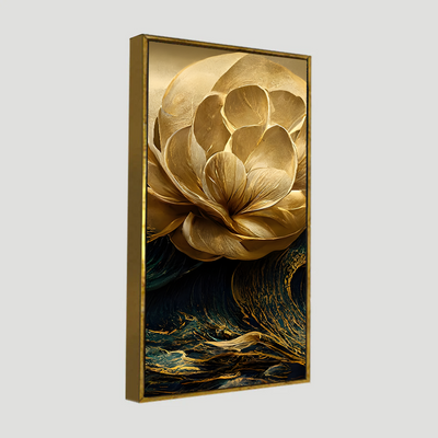 Modern Golden Flower and Waves Premium Canvas Floating Frame Wall Painting