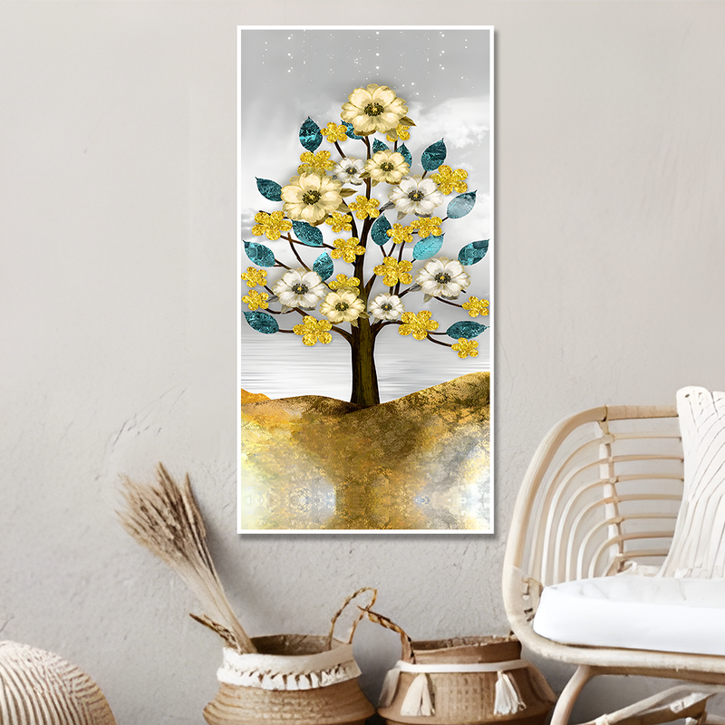 Beautiful Golden Flowers and Turquoise Mountains Floating Frame Canvas Wall Painting.