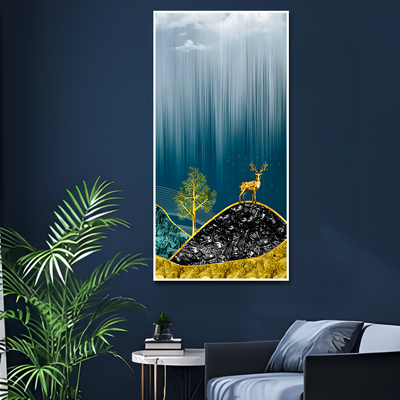 Beautiful Golden Mountains and Deer with Moon Canvas Floating Frame Wall Painting