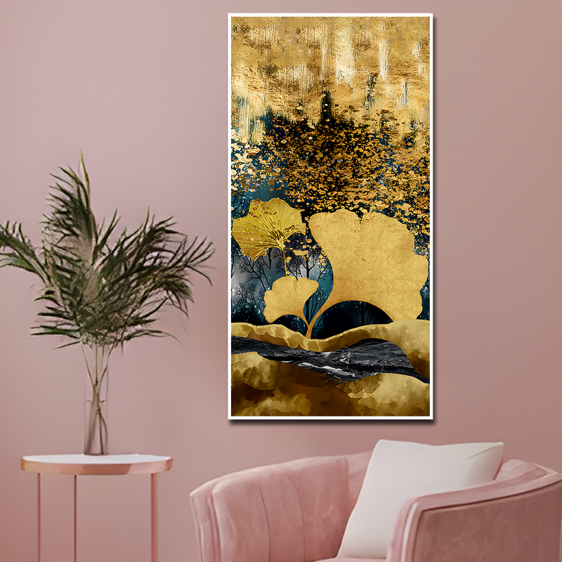 Modern Golden Ginkgo Leaves with Mountains Premium Canvas Floating Frame Wall Painting