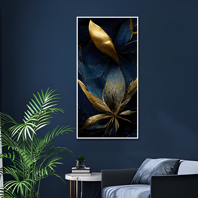 Vertical Golden Textured Tropical leaves Canvas Floating Frame Wall Painting