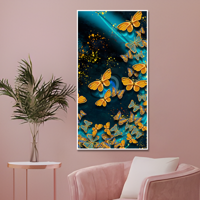 Premium Golden Flying Butterflies Canvas Floating Frame Wall Painting