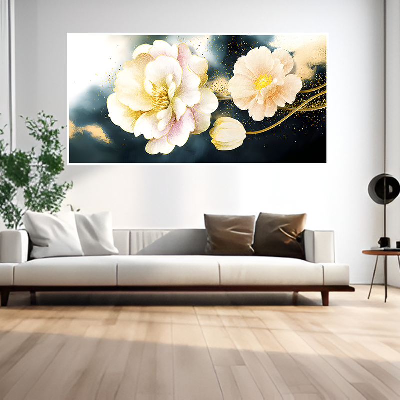 Golden Particles with Flower Premium Floating Frame Canvas Wall Painting