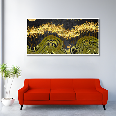Miraculous Landscape with Golden Deer Texture Canvas Floating Frame Wall Painting