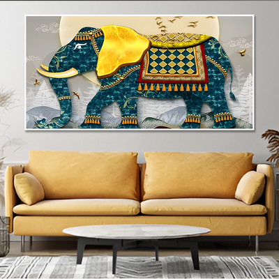 Classic and Royal Elephant with Golden Tusks Canvas Floating Frame Wall Painting