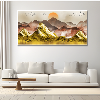 Golden Mountains and Birds Scenery Premium Floating Frame Canvas Wall Painting