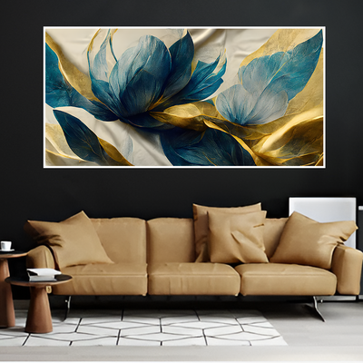 Beautiful Golden Flower and Waves Floating Frame Canvas Wall Painting