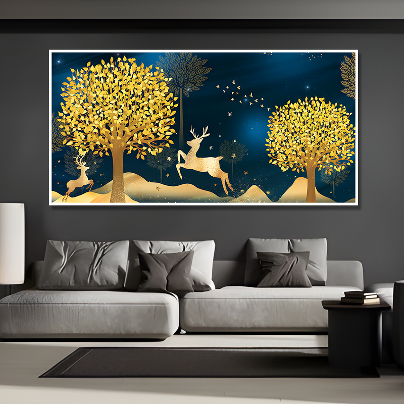 Golden Leaf Tree with Golden Deer Canvas Floating Frame Wall Painting