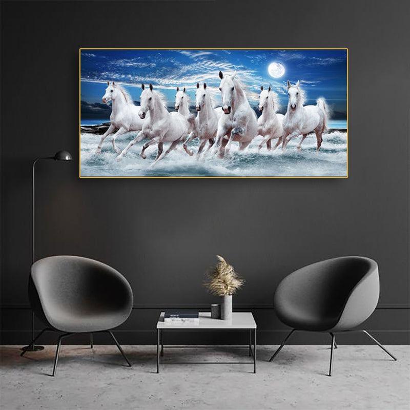 Seven White Running Horses Floating Frame Wall Painting