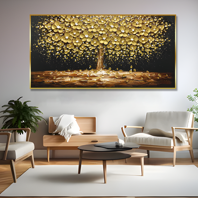3D Texture Golden Tree Palette Knife Painting Art, Fashion Bohemian Canvas Oil Painting, Blooming Flower Landscape Original Painting
