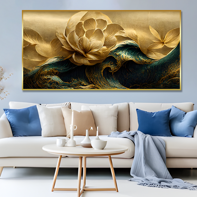 Modern Golden Flower and Waves Floating Frame Wall Painting