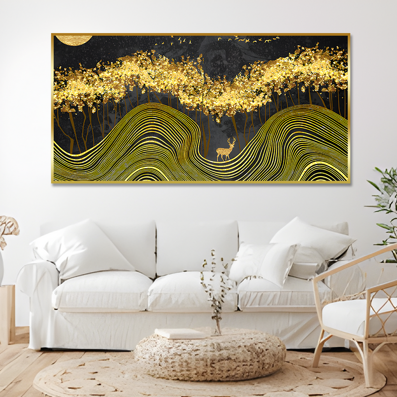 Miraculous Landscape with Golden Deer Texture Canvas Floating Frame Wall Painting