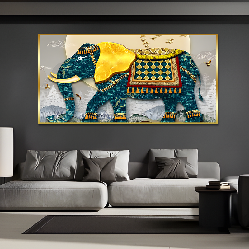 Classic and Royal Elephant with Golden Tusks Canvas Floating Frame Wall Painting
