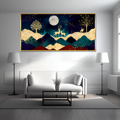 Luxurious Modern Art of Mountains and Golden Deer Tropical leaves Canvas Floating Frame Wall Painting