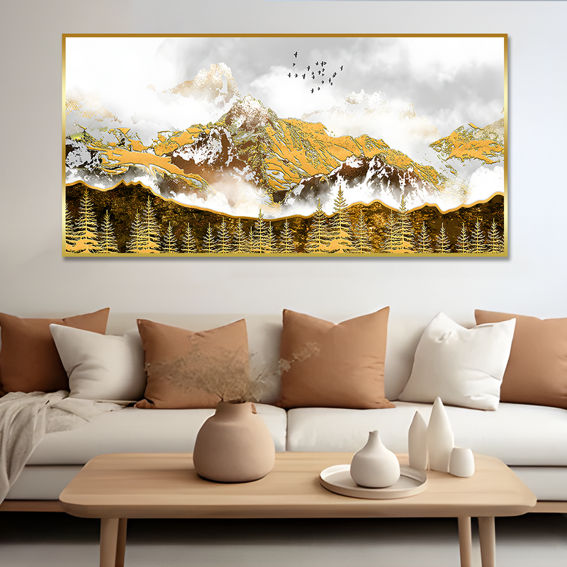 Smoke Cloud Golden Mountain Peak Canvas Floating Frame Wall Painting
