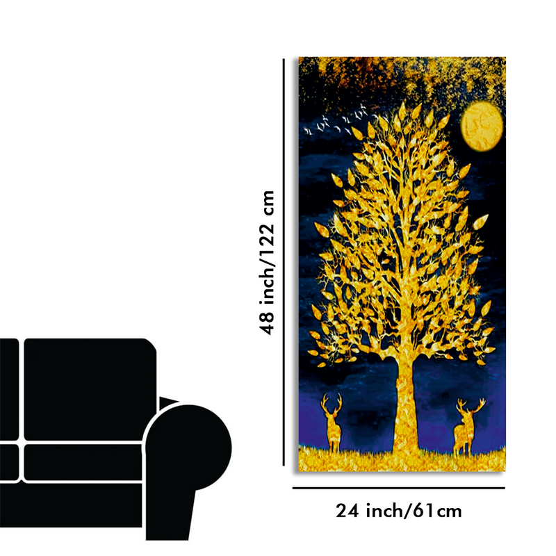Beautiful Golden Tree and Moon with Deer Canvas Floating Frame Wall Painting