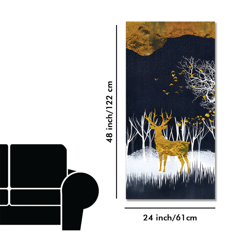 Dark Night Golden Deer with Birds Premium Canvas Floating Frame Wall Painting