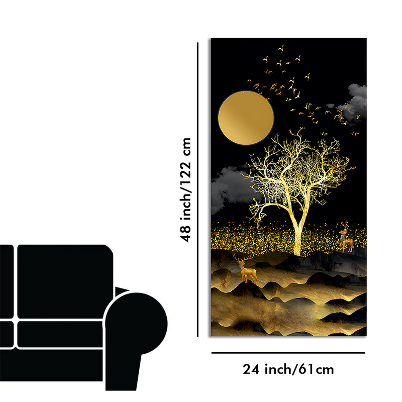 Dark Moon Light with Golden Birds Premium Canvas Floating Frame Wall Painting