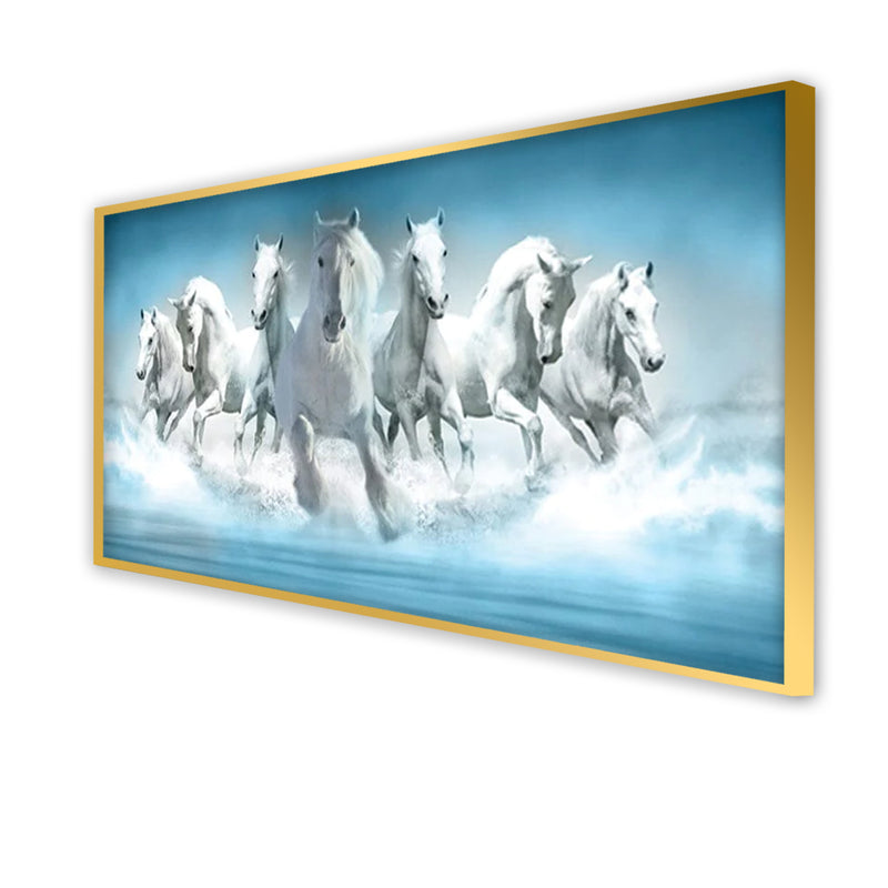 White Seven Horse Canvas Floating Frame Wall Painting