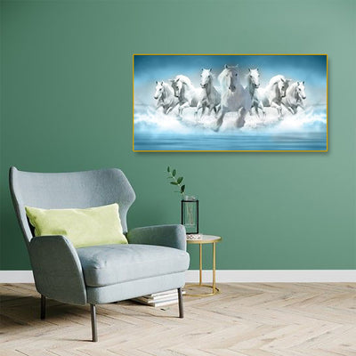 White Seven Horse Canvas Floating Frame Wall Painting