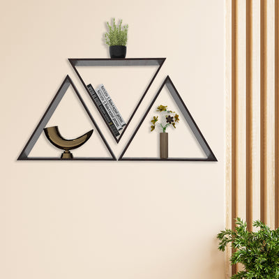Beautiful Triangle Shape Set of 3 Wood Wall Shelf / Book Shelf, Walnut Finish