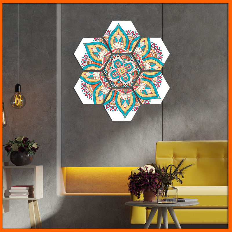 Flower Mandala Hexagonal Canvas Wall Painting - 7pcs