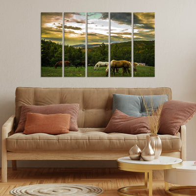 Horses Grazing On Mountain Landscape Canvas Wall Painting - With 5 Panel