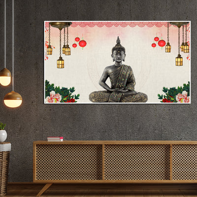 Buddha With Decorative Background Floating Frame Canvas Wall Painting