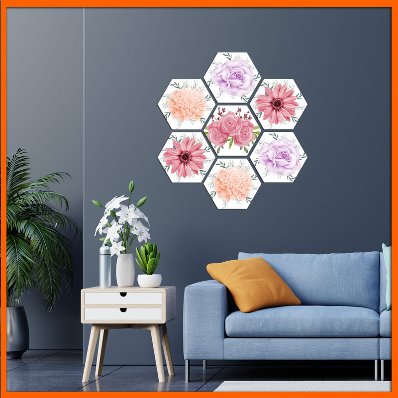 Multi Color Flower Hexagonal Canvas Wall painting - 7pcs