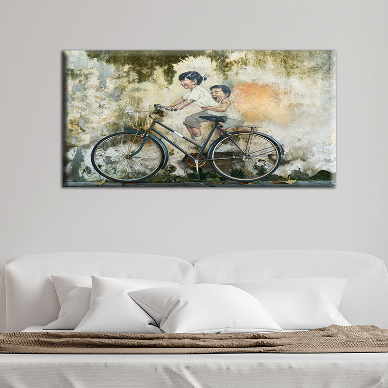 Kids On Old Bicycle Artistic View Canvas Wall Painting