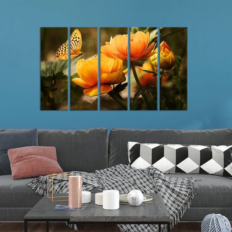 Butterfly Sitting On Flower Canvas Wall Painting - With 5 Panel