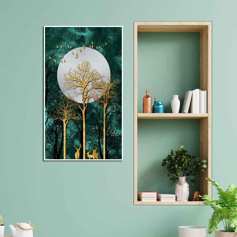 Moon and Flying Birds Floating Canvas Wall Painting