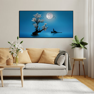 Fishing Under The Moon Light Canvas Floating Frame Wall Painting