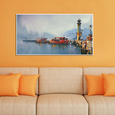 Fishing Boats In Harbor Canvas Floating Frame Wall Painting