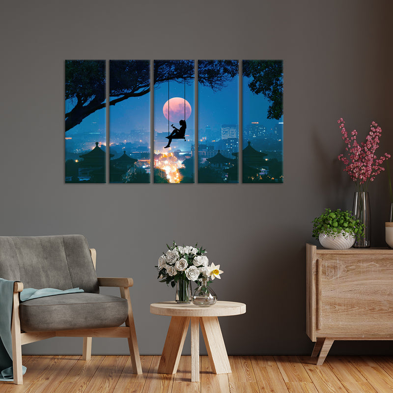 Night View With Moon & Girl Canvas Wall Painting - With 5 Panel