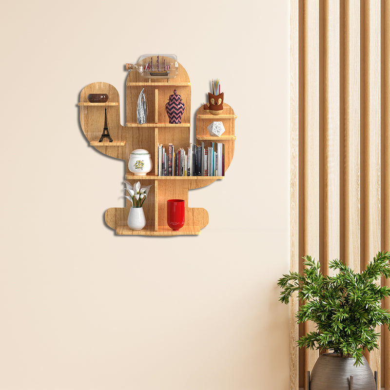 Cactus Shape Wood Wall Shelf / Book Shelf, Oak Finish