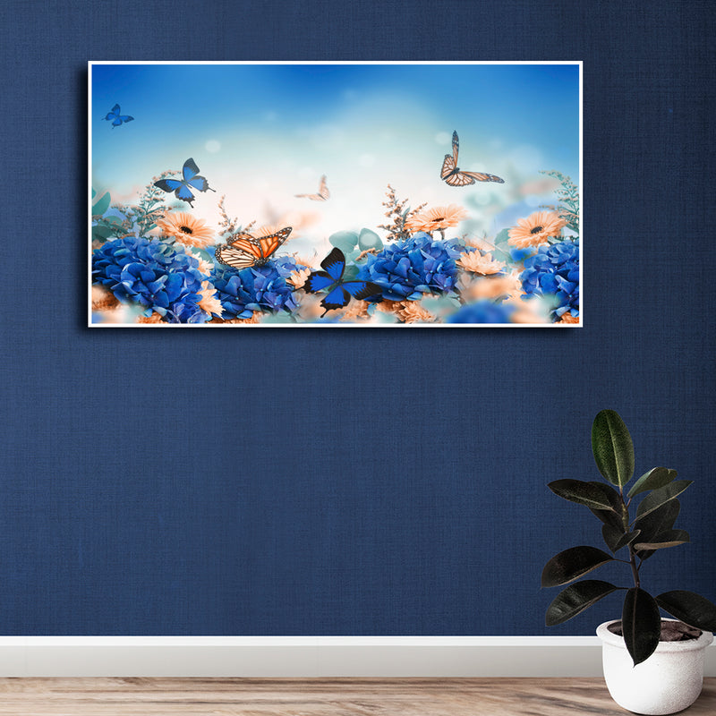 Blue Butterfly With Flower Floating Frame Canvas Wall Painting