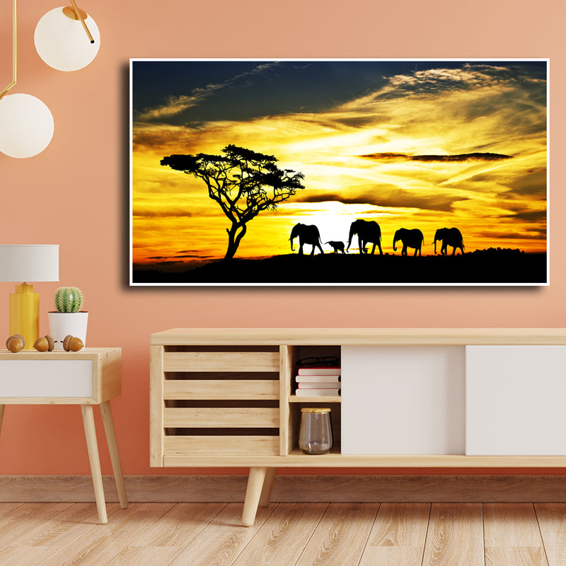 Beautiful View of Elephant Family Canvas Floating Frame Wall Painting