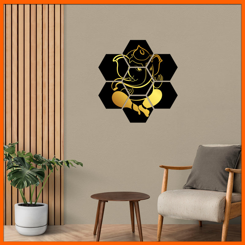 Golden Ganesha Hexagonal Canvas Wall Painting