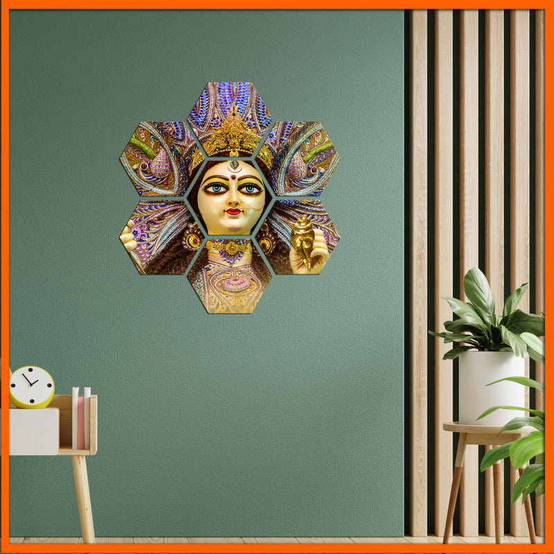 Elegant Durga Maa Face Hexagonal Canvas Wall Paintings