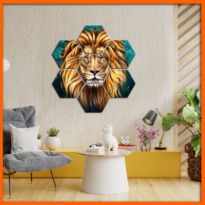 Lion Face Hexagonal Canvas Wall Painting - 7pcs