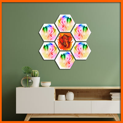 Colorful Abstract Ganesha Hexagon Canvas Wall Painting - 7pcs