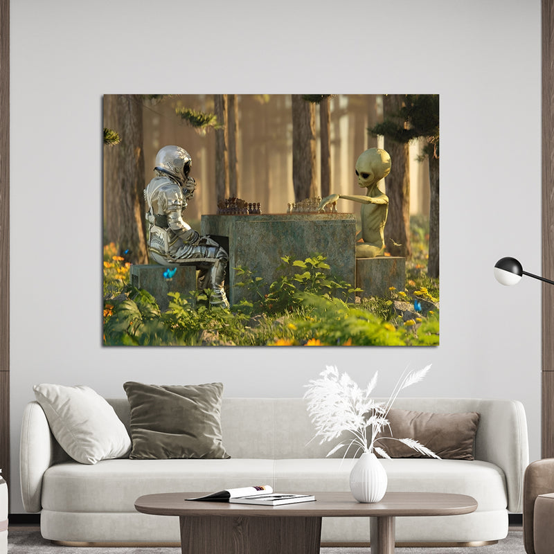 Alien and robot playing chess Together Canvas Wall Painting