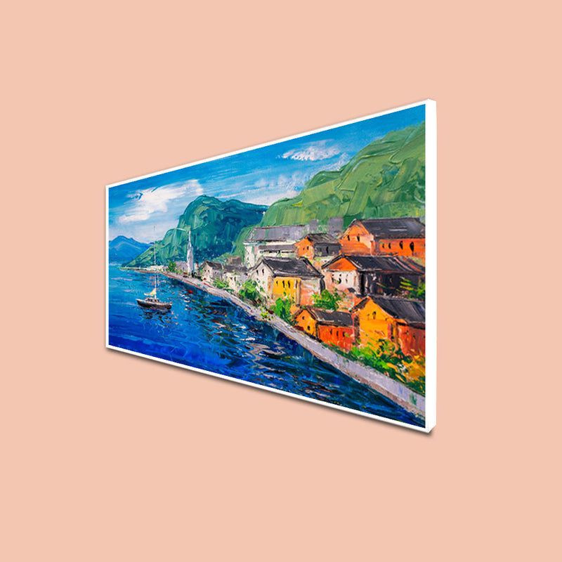 Mountains Near Blue Lake Artistic Scenery Canvas Floating Frame Wall Painting
