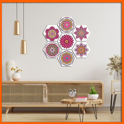 Multiple Pink Flower Hexagonal Canvas Wall Painting - 7pcs