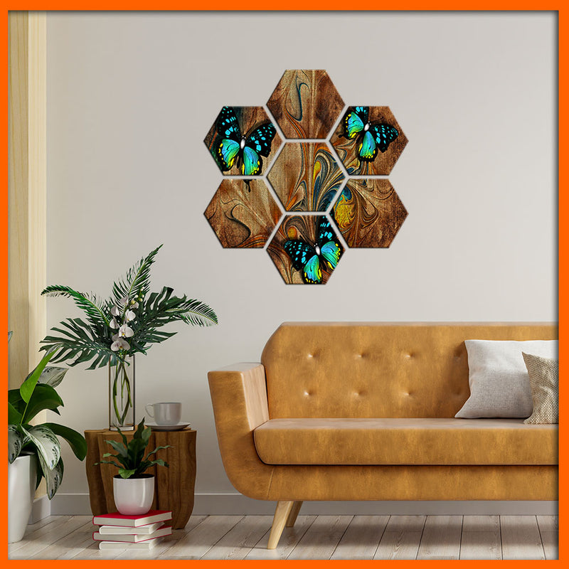 Butterfly Abstract Hexagonal Canvas Wall Painting - 7pcs