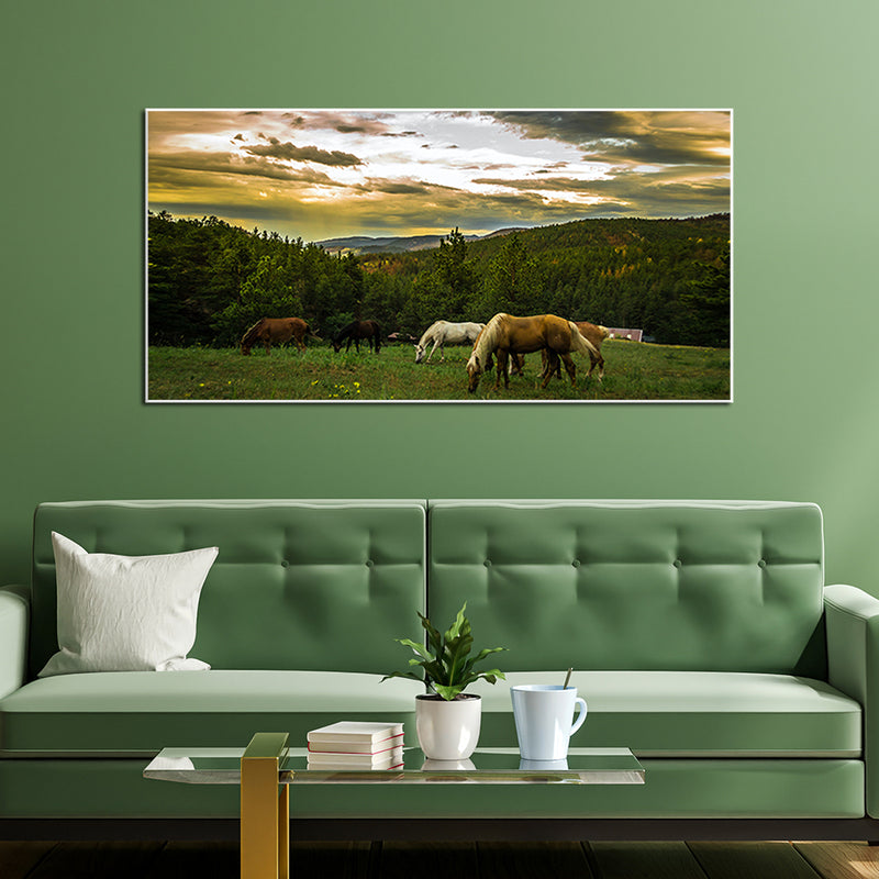 Horses Grazing On Mountain Landscape Floating Frame Canvas Wall Painting